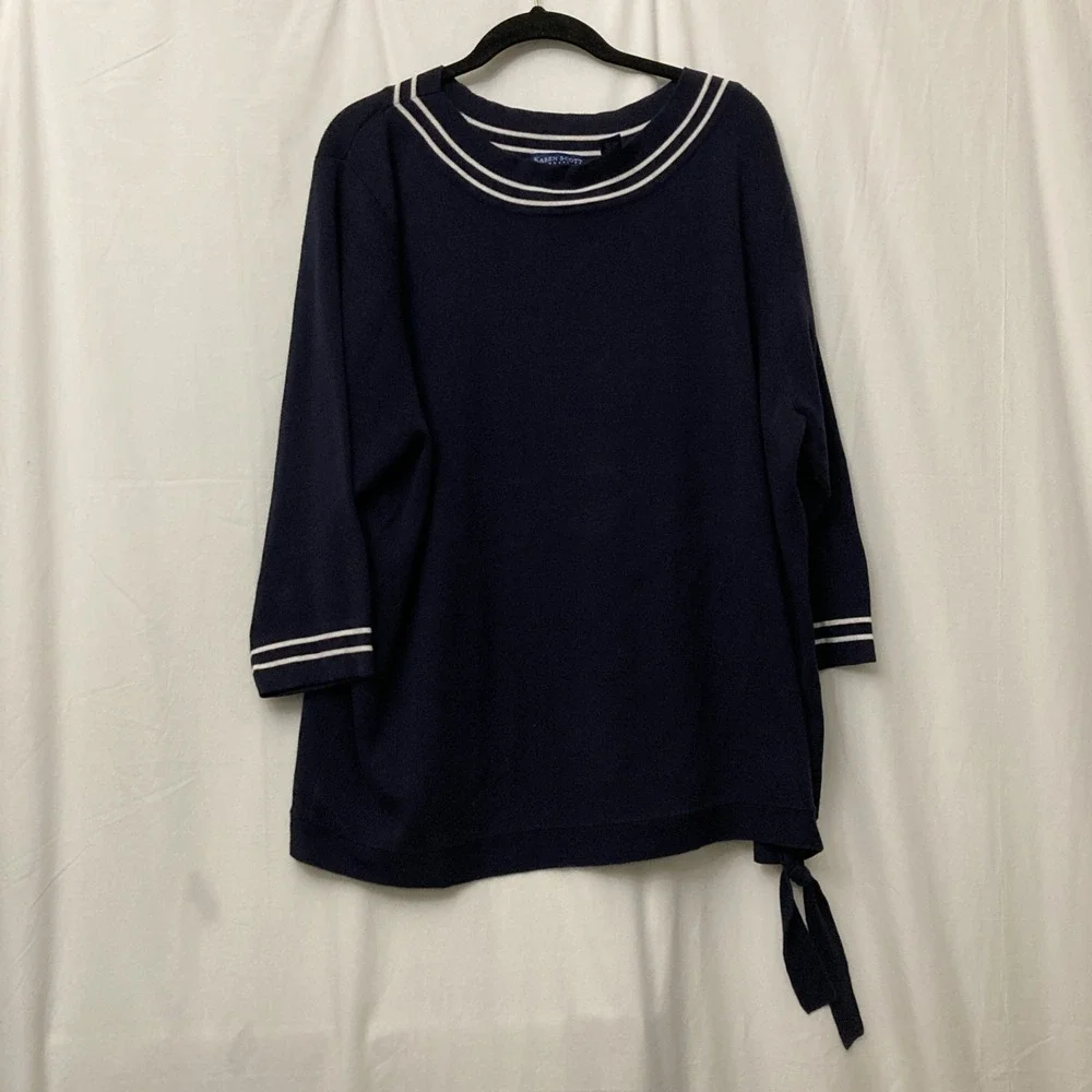 Karen Scott Woman Navy Knit 3/4 Sleeve Top w/Front Tie Accent - SZ 3X